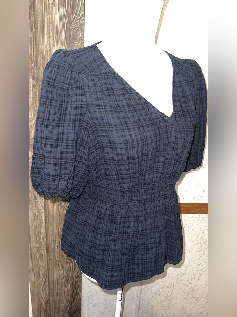 Time and Tru Navy Blue Plaid Blouse Size M 8/10